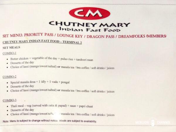チャンギ空港ターミナル2のプライオリティパス対応レストラン「Chutney Mary Indian Fast Food」メニュー