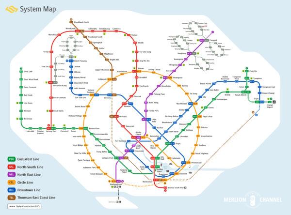 シンガポール中を網羅するMRT/LRTの路線図