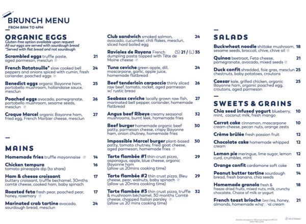 The menu at Merci Marcel