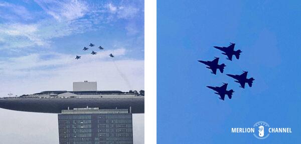 シンガポールのナショナルデー・パレードにおけるF15戦闘機・F16戦闘機による航空デモンストレーション