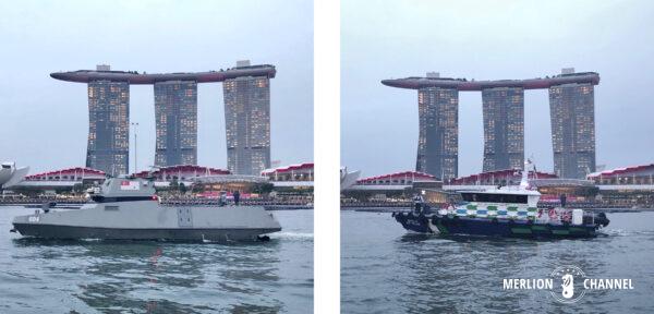 シンガポールのナショナルデー・パレードでマリーナ湾内をパレードする海上保安軍＆ホームチーム