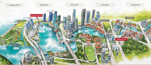 Route and 7 jetties of the Singapore River Cruise