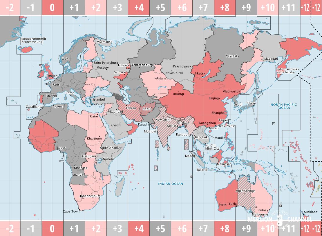 世界標準時のタイムゾーン・マップ（アジア・東経分）