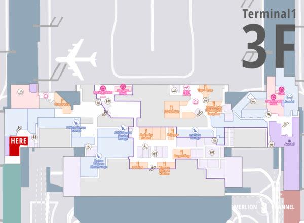 シンガポール・チャンギ空港ターミナル1のプライオリティパス対応「プラザ・プレミアム・ラウンジ（Plaza Premium Lounge）」の位置マップ